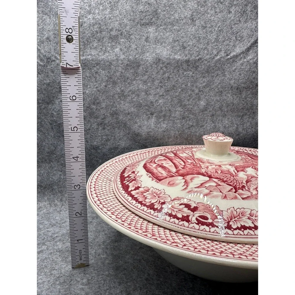 Homer Laughlin Currier & Ives Red Transferware Covered Bowl Husking Partridge